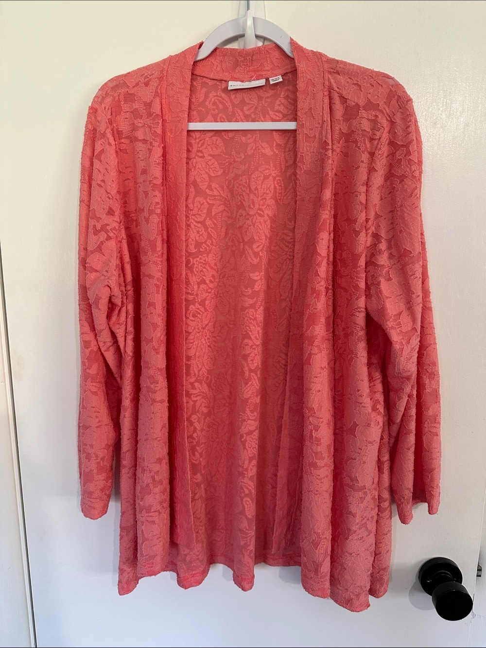 Susan Graver Coral Lace-Textured Open Cardigan 2 XP